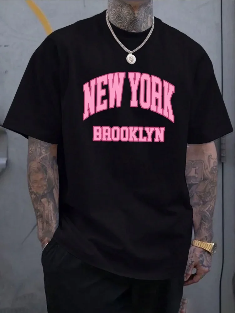 Street Fashion Of New York - メンズサマーコットン半袖Tシャツ ピンク ニューヨーク ブルックリン バーシティレタープリント クルーネック