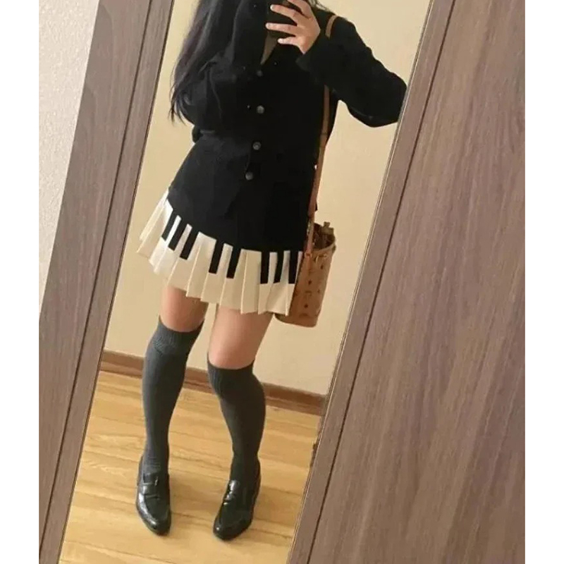 Street Fashion Korean Girl - 夏の女性のピアノデザイナーファッションスカートレディース韓国黒白薄い A ラインドレスガールズカジュアルスリムフィットショートスカート