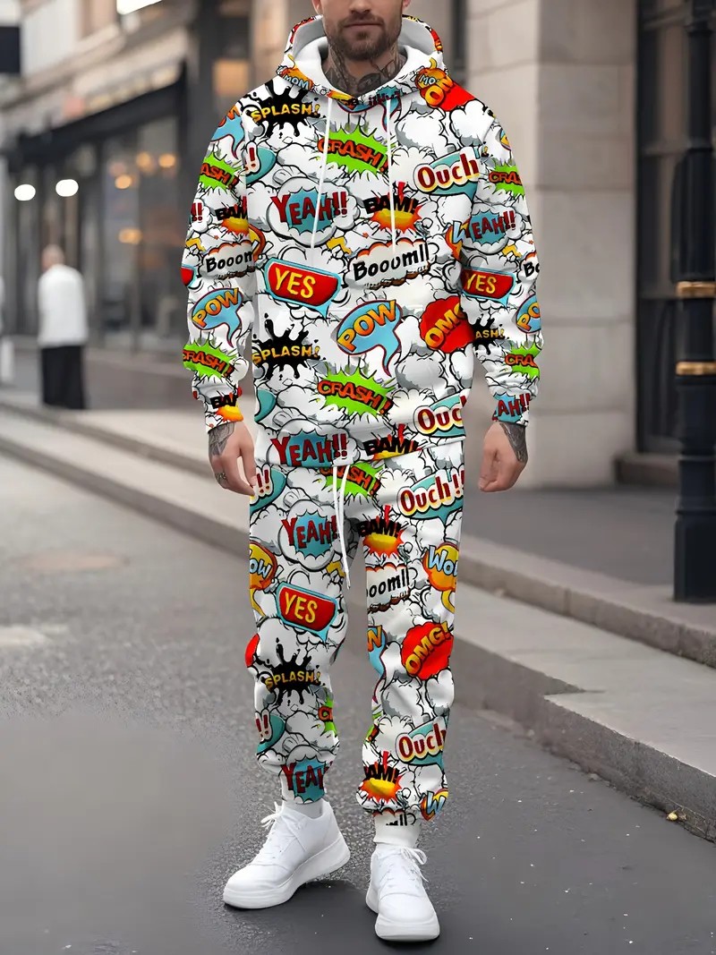 Street Fashion In China - 2026年秋冬新作 ストリートカジュアルファッション - シンプルで快適な3D文字柄プリントメンズフーデッドスウェットセット