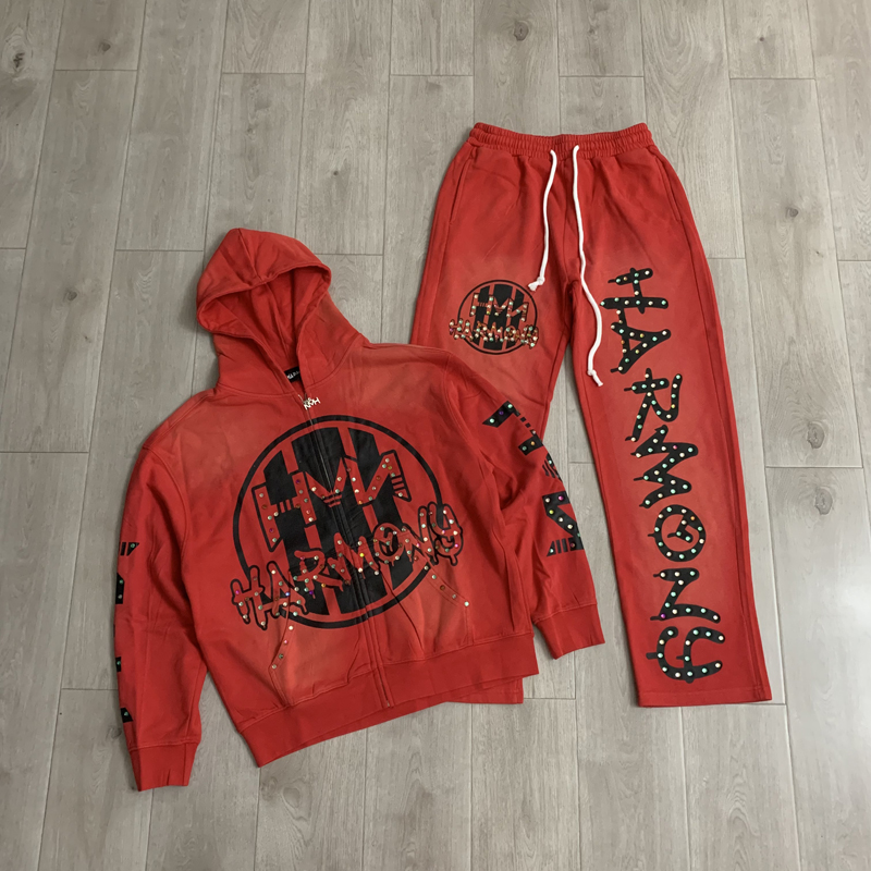 Street Fashion Hip Hop - ファッションストリートファッションブランドHARMONYのフーディーとパンツのセット、ホットスタンピング加工、高品質ジッパーカーディガン、カジュアルなハーモニーセット