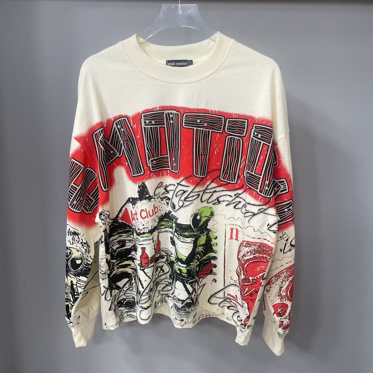 Street Fashion Hip Hop - 高品質デザイナー MIXED-EMOTION 長袖Tシャツ 100%コットン メンズ＆レディース ヴィンテージプリント＆ホットフィックスラインストーン
