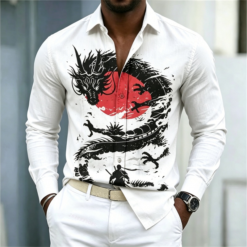 Street Fashion In China - 2026年新作 メンズシャツ 白黒赤のコントラスト ドラゴン柄シャツ ストリートスタイル ファッション