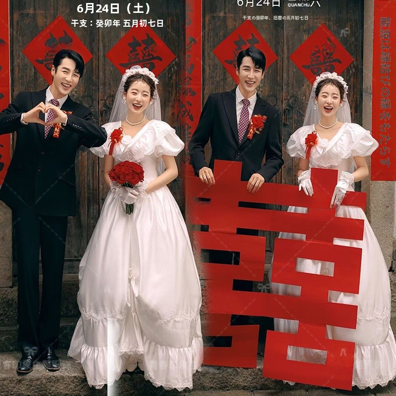 Street Fashion Photographers - レトロサテンウェディングドレススタジオテーマ新スタイルミレニアム写真撮影ストリートファッションコート結婚スタイルレディースコスチューム