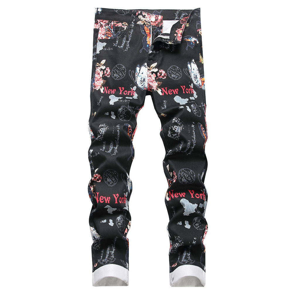 Street Fashion Of New York - メンズデジタルプリントジーンズファッションフラワーバタフライニューヨークパンツブラックストレッチデニムスリムテーパードパンツ