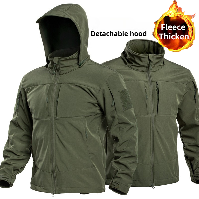 Windbreak Shell Jacket - メンズ特殊作戦軍事戦術ソフトシェル冬暖かいフリース裏地ジャケット取り外し可能なフードコートハイキングスノーボードウインドブレーカー