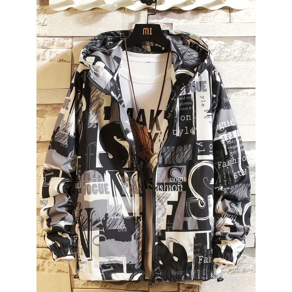 Street Fashion Vogue - ストリートファッションヴォーグテキストレターフード付きウィンドブレーカーブラックホワイトレッドカラーブロックプリントドローストリングカフメンズアウターウェア
