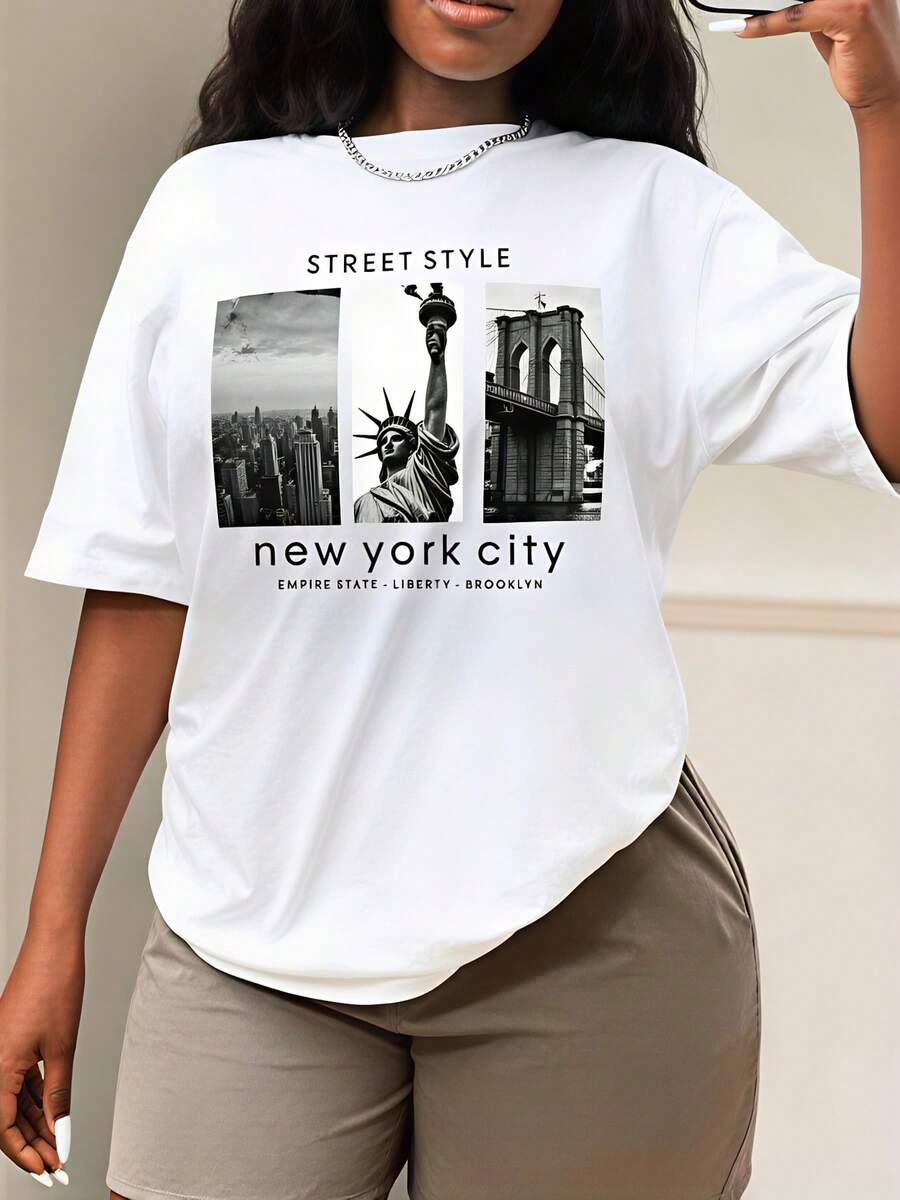 Street Style New York Fashion - ストリートスタイル、レディースTシャツ、ニューヨーク市のランドマーク、ピュアコットンTシャツ、カジュアルウェア、春夏、旅行ギフト、友人へのプレゼント
