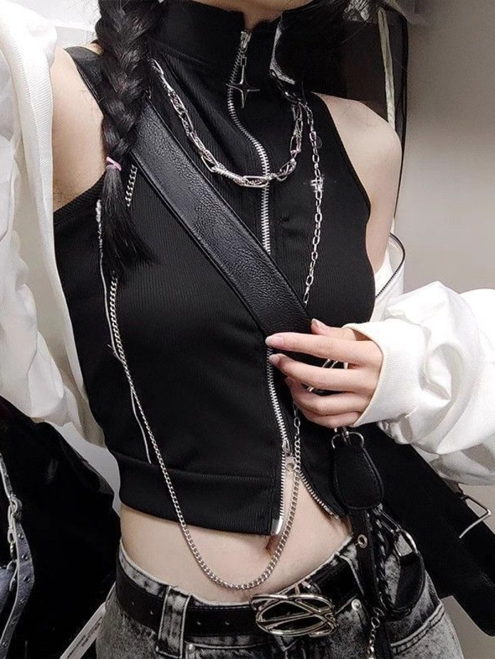 Street Fashion Goth - 2026年新作夏ホットガールショートベストダークパンクゴスノースリーブトップスリムフィットファッションインスタトレンド個性派ストリートゴスY2Kパーティー
