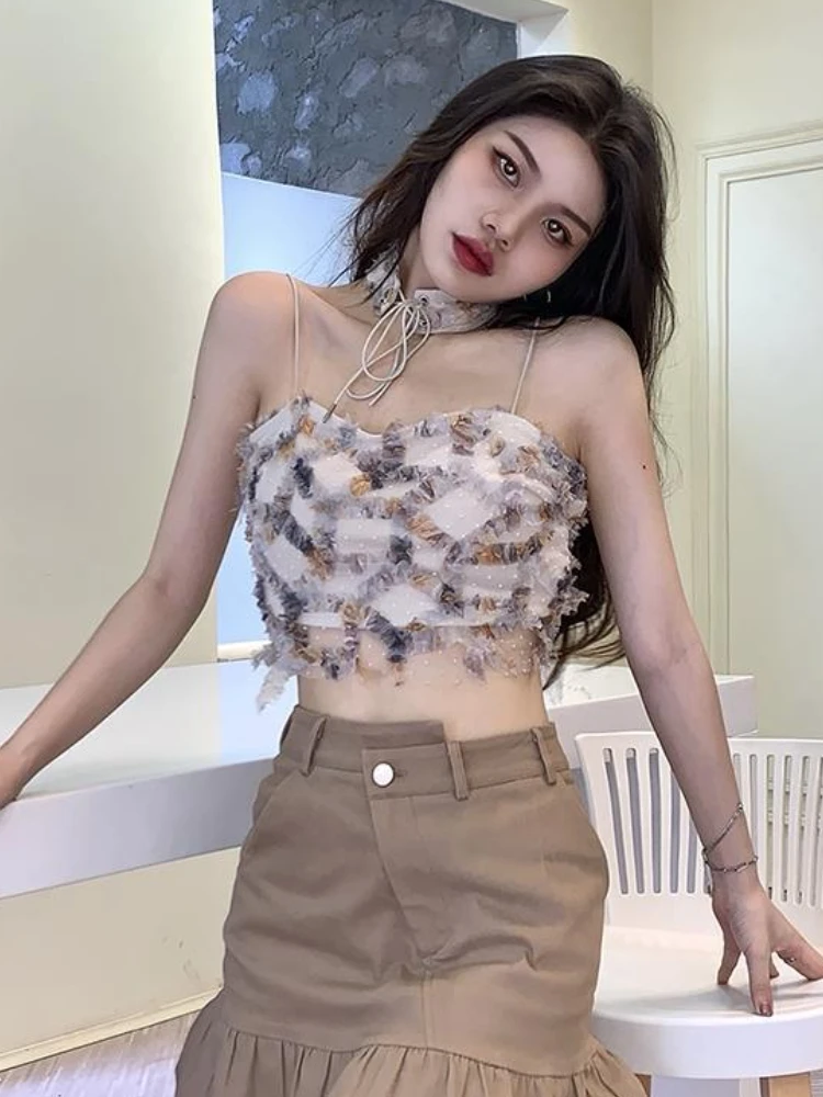 Street Fashion Korean Girl - キャミソール レディース 夏 プリント クロップトップス ホットガールズ