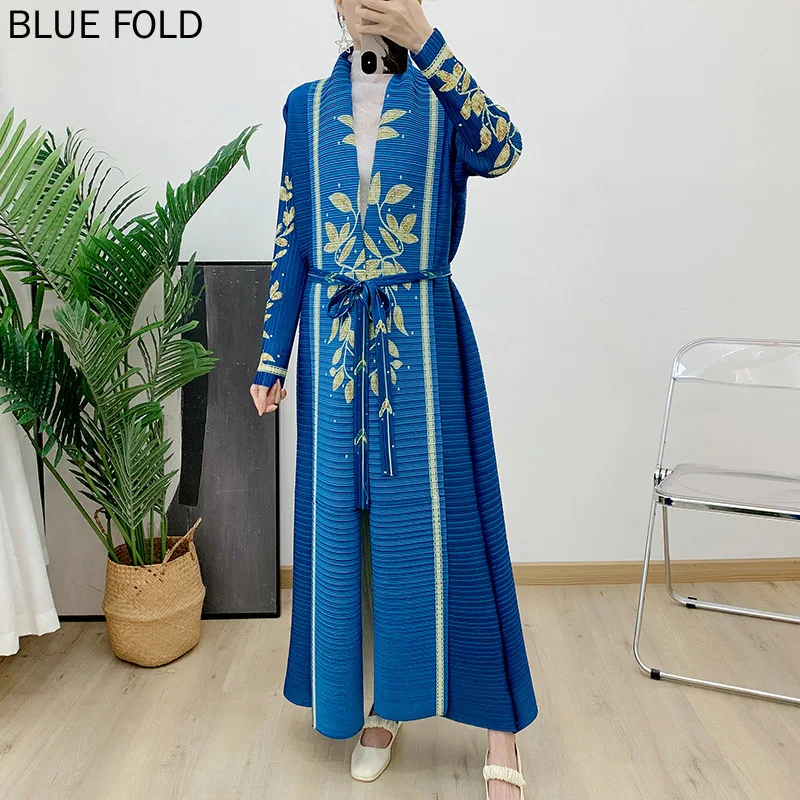 Street Fashion Dubai - 中東ドバイイブニングドレスブロンズファッションローブプリント長袖防風三宅プリーツエレガントなトレンチコート