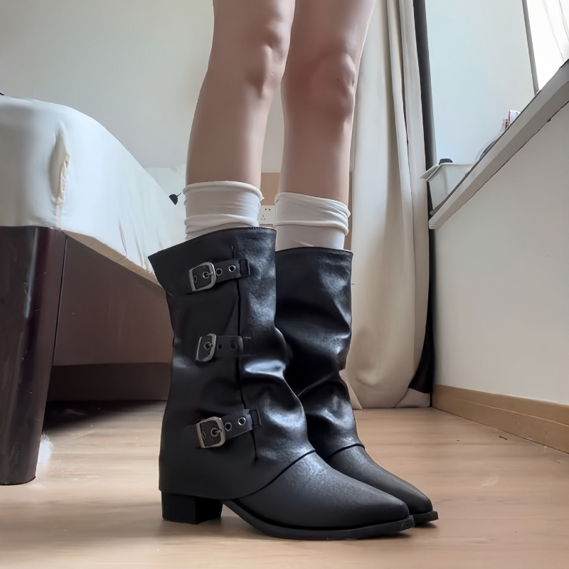 Street Fashion Style Youtube - 秋の女性用パンツチューブスラウチミッドカフブーツファッションメタルバックルストラップシューズレディースレトロブロックヒールウエスタンカウボーイブーティー