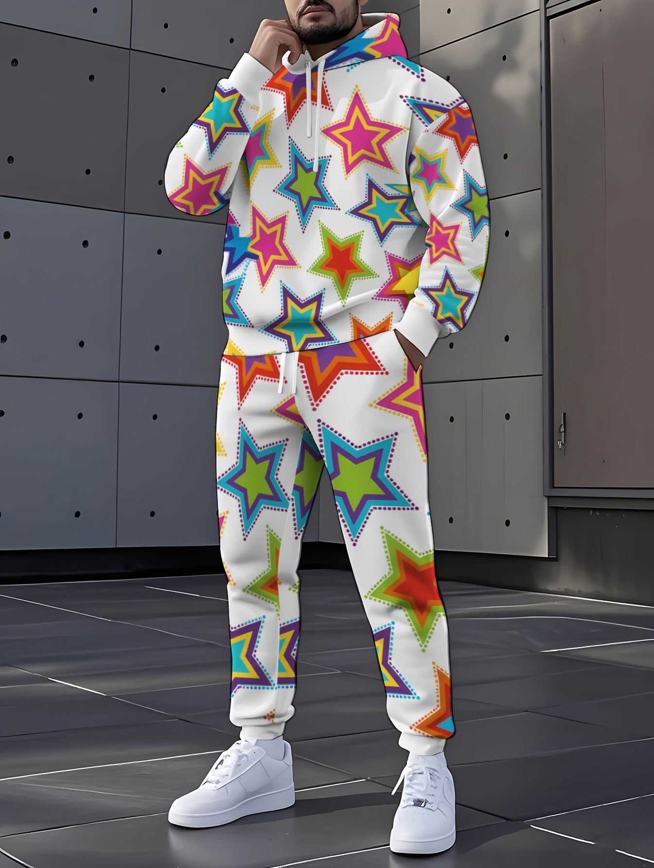 Street Fashion In China - 2026年秋冬新作 ストリートカジュアル シンプルファッション 快適な3Dスターパターンプリント メンズフード付きスウェットセット