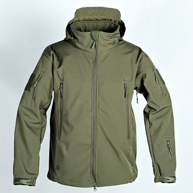 Windbreak Shell Jacket - OTS 冬用メンズソフトシェルタクティカルジャケット アウトドア防水保温フリースハンティングジャケット ハイキングフィッシングフード付きコート ウィンドブレーカー