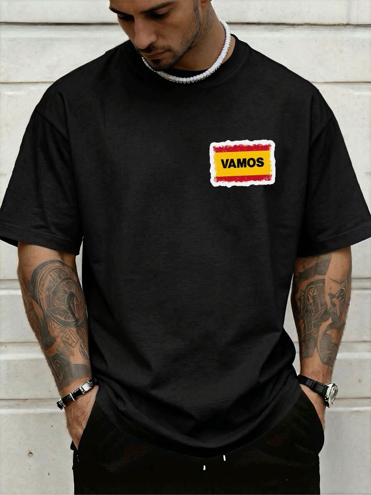 Street Fashion In Spain - メンズクルーネックTシャツ スペイン国旗柄胸元グラフィック ルーズショートスリーブ サマー ヨーロピアンストリート ソフトコットン