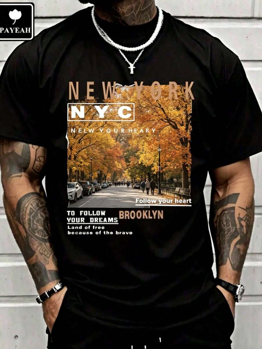 Street Fashion Of New York - メンズカジュアルストリートウェア、ニューヨークブルックリンストリートビュー、ファッショナブルなTシャツ、メンズプリント半袖Tシャツ - メンズベーシックS