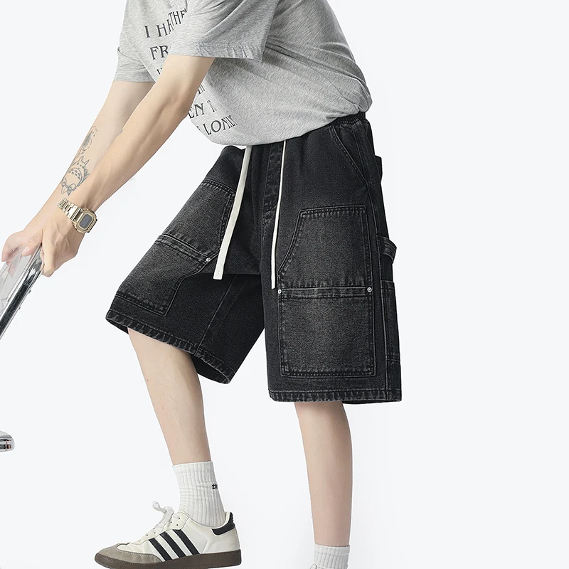 Street Fashion Hip Hop - アメリカンファッションストリートワークウェアデニムショーツ夏薄いルーズカジュアル 5 クォーターパンツ原宿スタイルリベットヒップホップショーツ
