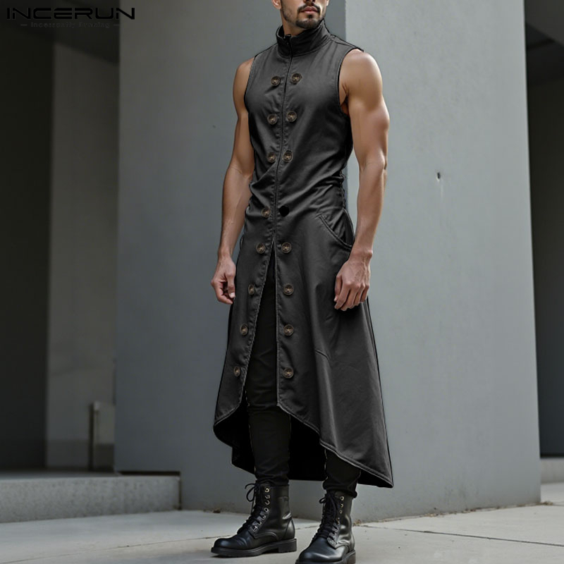 Street Fashion Style Male - INCERUN 男性ロングスタイルベスト無地ダブルブレストカジュアル男性チョッキハイストリートノースリーブファッションロングカーディガン男性