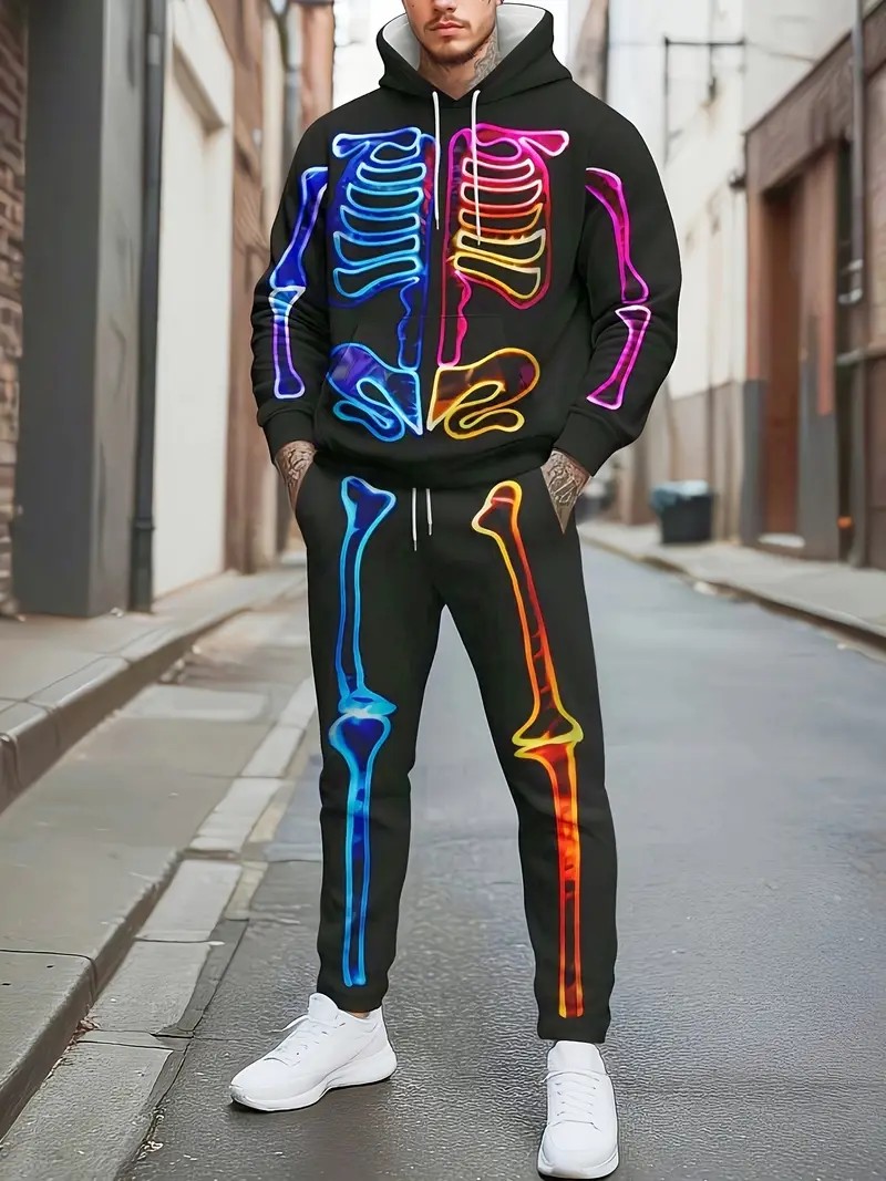 Street Fashion In China - 2026年秋冬新作 ストリートシンプルカジュアルファッション 快適な3Dフレームワーク柄プリント メンズフード付きスウェットセット
