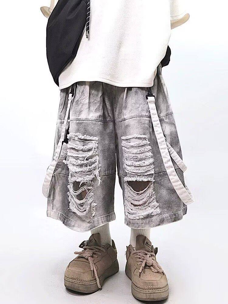 Street Fashion Hip Hop - レトロヒップホップメンズリップドジーンズ夏アメリカンカジュアルファッションルーズストリートスタイルウォッシュドパッチワーク男性中空アウトショーツ