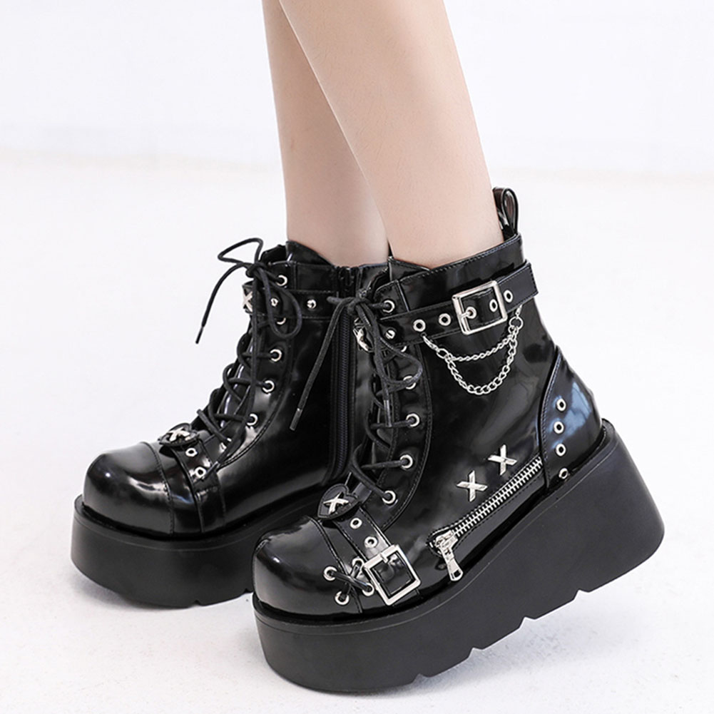 Street Fashion Goth - 女性の足首の靴,ファッショナブルなバックル,ジッパー,パンク,パーティー,ストリート