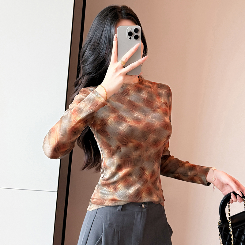 Y2K メッシュトップ女性ハイネックストレッチ長袖プリントシ - Street Fashion Photographers のレビューと価格