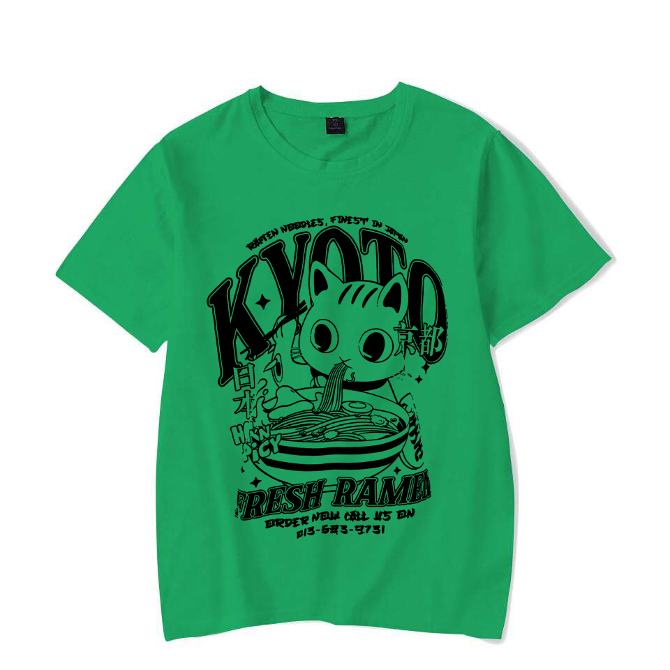 かわいい京都猫プリント男性女性 Tシャツ猫食べるラミアン麺パ - Street Fashion Kyoto のレビューと価格