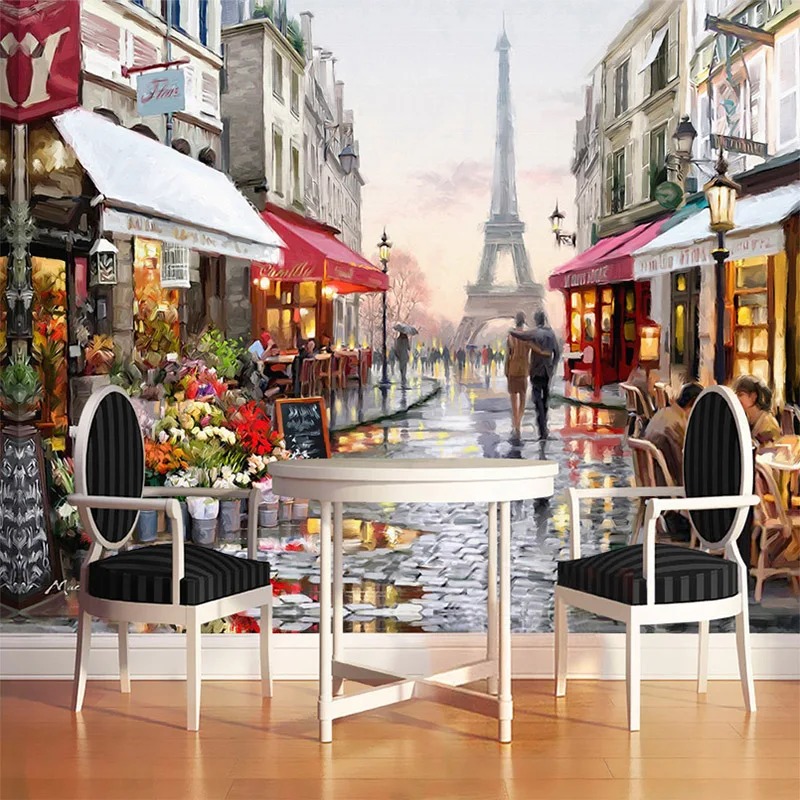 ヨーロッパスタイルのストリート油絵 3D 写真花風景カフェレ - Street Fashion Wallpaper のレビューと価格