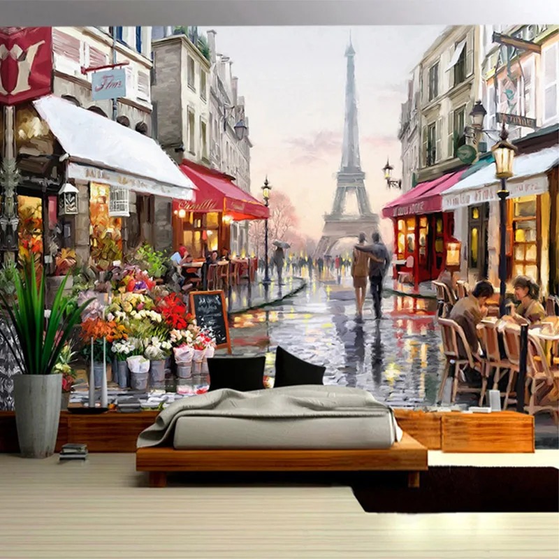 ヨーロッパスタイルのストリート油絵 3D 写真花風景カフェレ - Street Fashion Wallpaper のレビューと価格