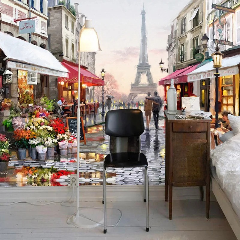 ヨーロッパスタイルのストリート油絵 3D 写真花風景カフェレ - Street Fashion Wallpaper のレビューと価格