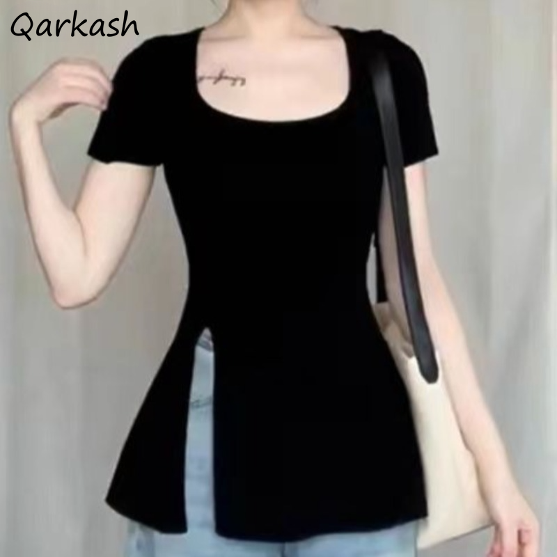 女性のためのミニマリストカジュアルTシャツ,スリットデザイン - Street Fashion Korean Girl のレビューと価格