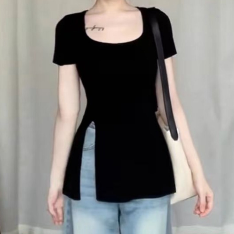 女性のためのミニマリストカジュアルTシャツ,スリットデザイン - Street Fashion Korean Girl のレビューと価格