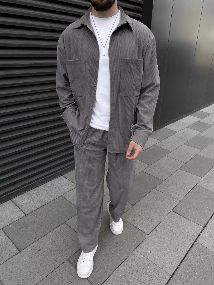 メンズコーデュロイツーピースセット：長袖ボタンダウンシャツと - Street Fashion In China のレビューと価格