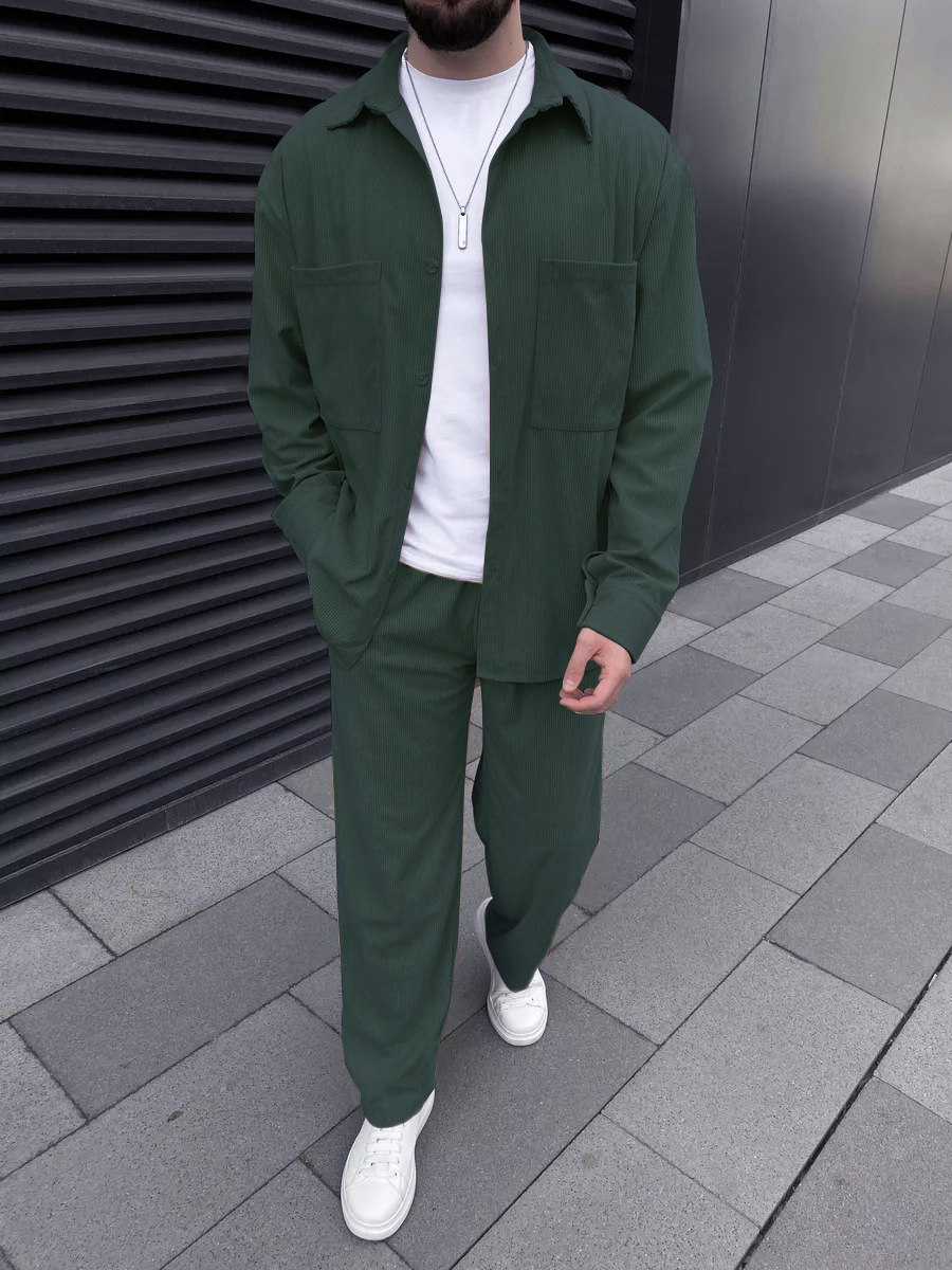メンズコーデュロイツーピースセット：長袖ボタンダウンシャツと - Street Fashion In China のレビューと価格