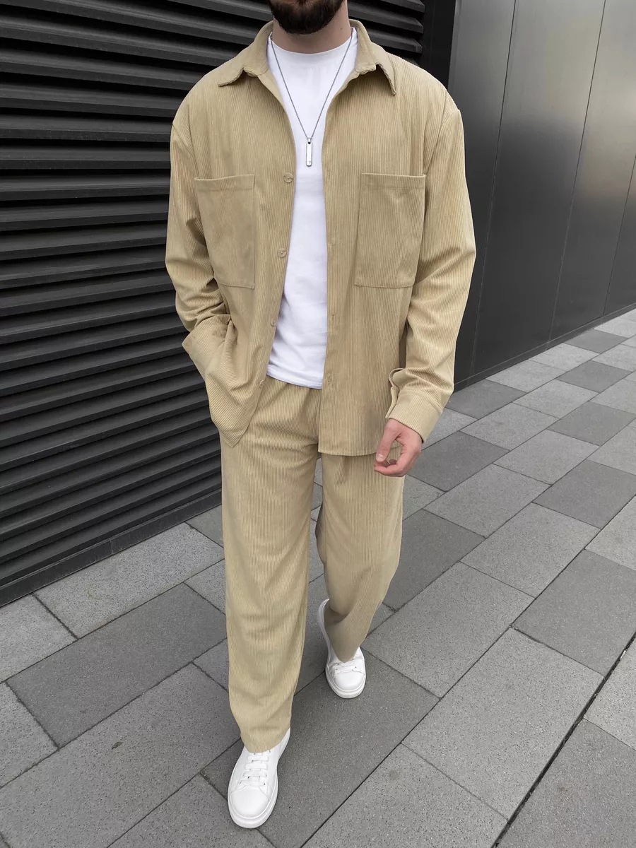 メンズコーデュロイツーピースセット：長袖ボタンダウンシャツと - Street Fashion In China のレビューと価格