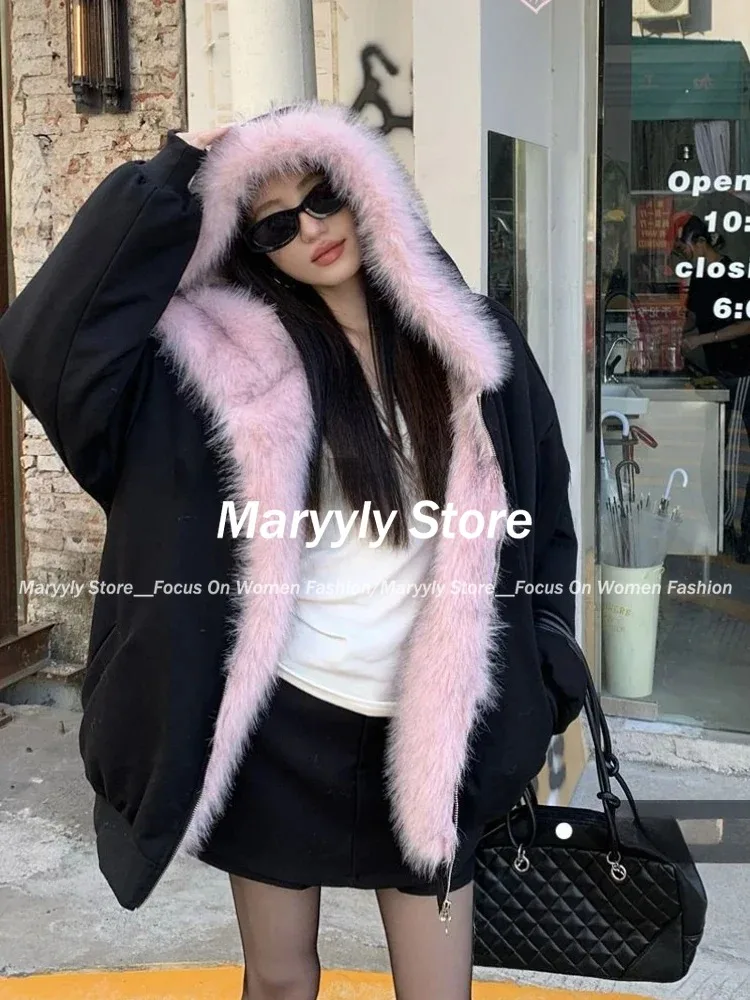 女性用フード付きファーコート,ヴィンテージアメリカンジャケッ - Street Fashion Korean Girl のレビューと価格