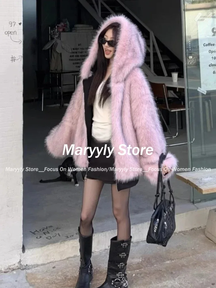 女性用フード付きファーコート,ヴィンテージアメリカンジャケッ - Street Fashion Korean Girl のレビューと価格