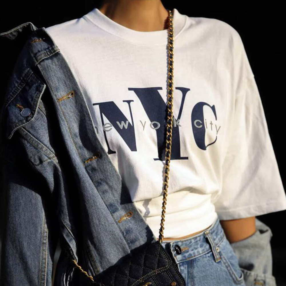 女性のためのレトロなアメリカンスタイルのTシャツ,都市の文字 - Street Style New York Fashion のレビューと価格