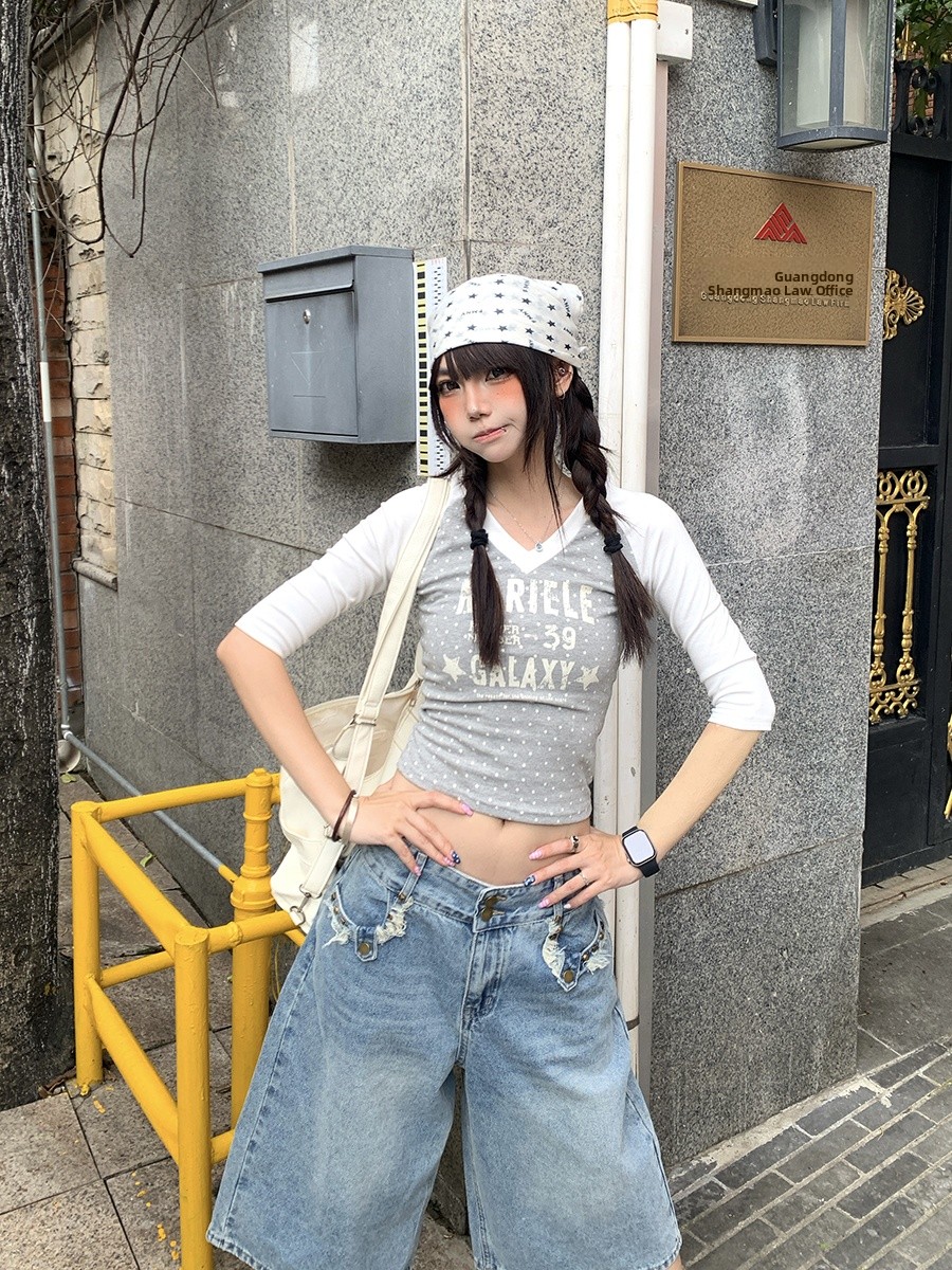 夏用ポルカドット柄スプライスVネックミッドスリーブTシャツ  - Street Fashion Korean Girl のレビューと価格