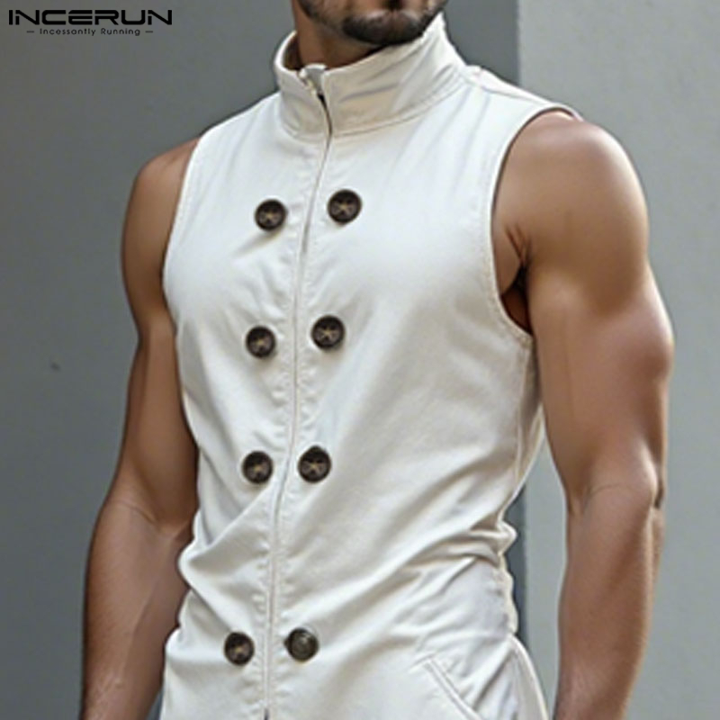 INCERUN 男性ロングスタイルベスト無地ダブルブレストカ - Street Fashion Style Male のレビューと価格