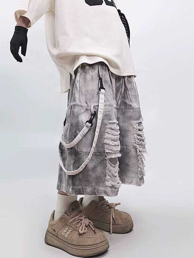 レトロヒップホップメンズリップドジーンズ夏アメリカンカジュア - Street Fashion Hip Hop のレビューと価格