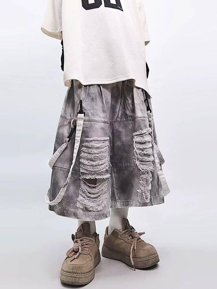 レトロヒップホップメンズリップドジーンズ夏アメリカンカジュア - Street Fashion Hip Hop のレビューと価格